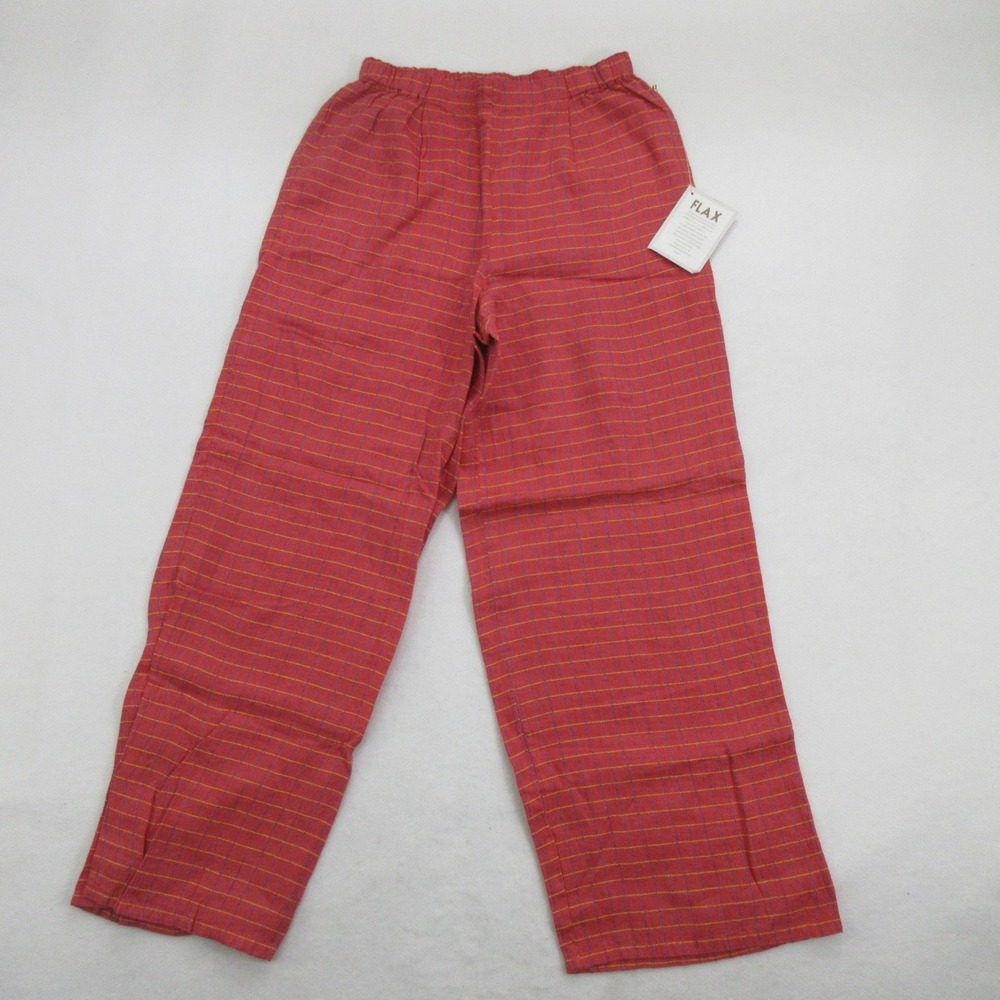 FLAX Women's Pants S Wide Leg Linen Casual Trousers Red Plaid Elastic Waist New